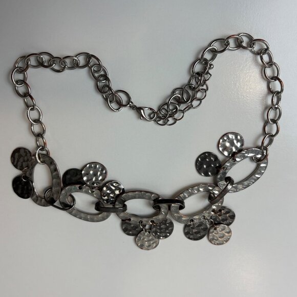 Hammered Silver-Tone Chain Link Necklace Textured Discs 24” - Picture 2 of 5